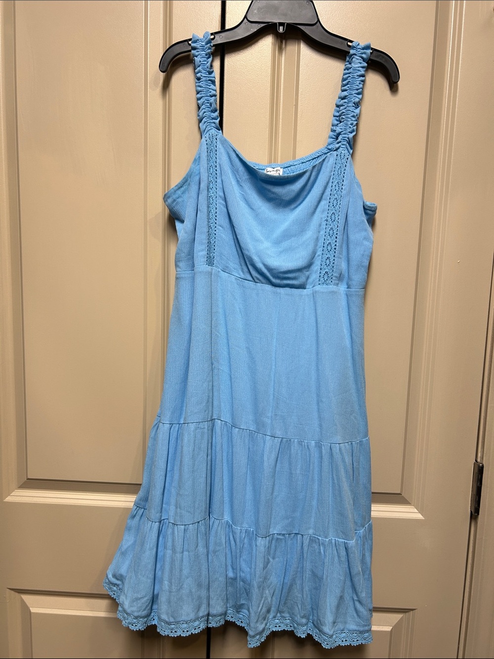 love, Fire Light Blue Tiered Mini Dress with Ruched Straps.